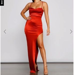 Windsor high slit satin dress in red